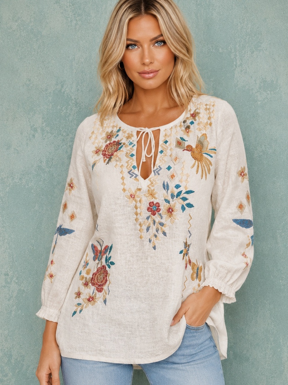 Johnny Was heavily embroidered Mariposa blouse NWT